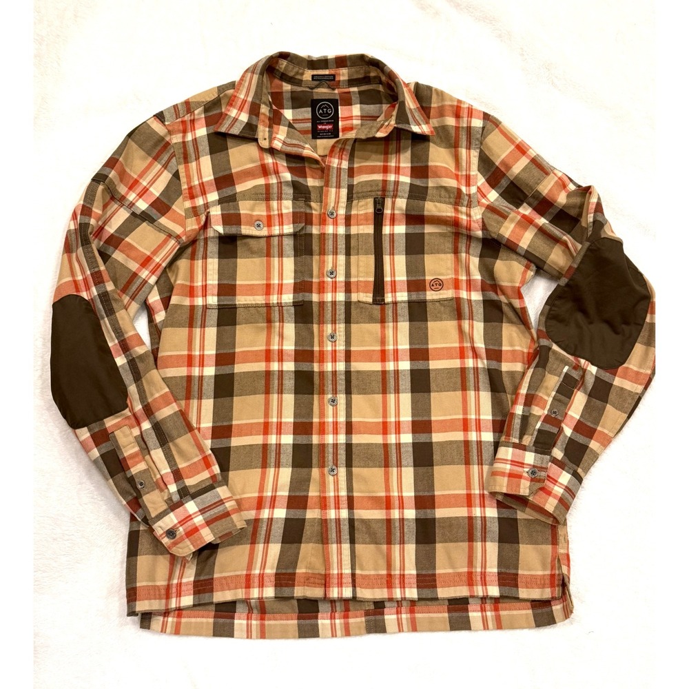Wrangler ATG Mens Plaid Flannel‎ Shirt Medium Brown Orange Elbow Patches Outdoor